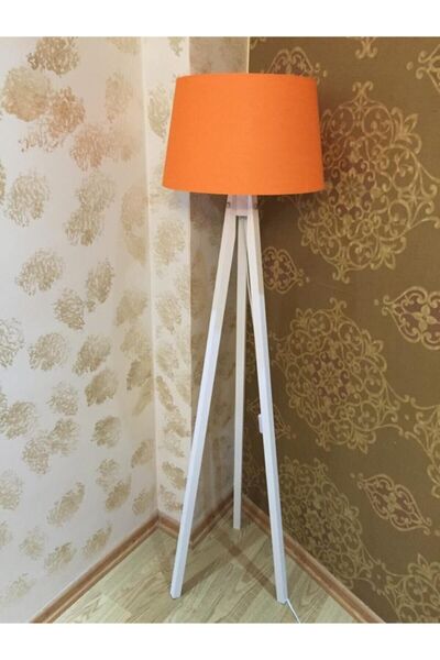 Modamonline Üç Ayaklı Lambader Ahşap Tripod Ayak Konik Kumaş Turuncu Beyaz