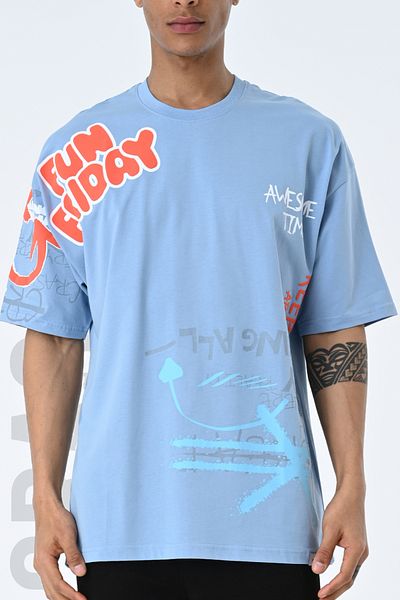 AMAZING CRASH Tricou unisex oversize cu imprimeu cu decolteu albastru