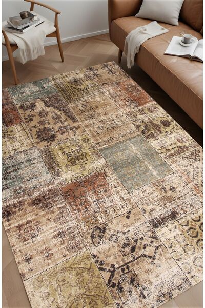 Noble Halı Dijital Baskı Antika Patchwork Desen Dekoratif Makinada Yıkanabili...