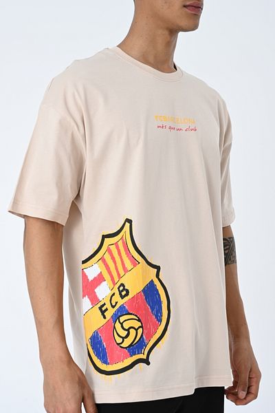 AMAZING CRASH Μπεζ μπλουζάκι Unisex με στάμπα με λαιμόκοψη Oversize