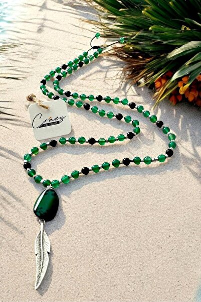 CRAZY TAKI TASARIM 6 Mm Hakiki Yeşil Akik-oniks & Hematit Doğaltaş Uzun Unise...