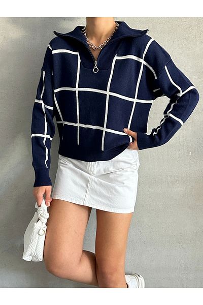 BEJNA Marineblauer Strickpullover mit quadratischen Streifen und Reißverschluss für Damen