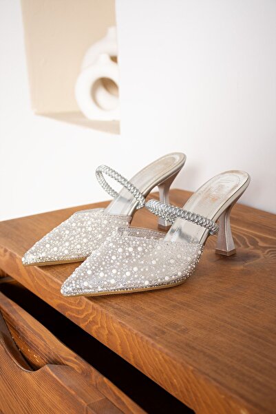 Pazzyonez Ασημί Χρώμα Διάφανη Πέτρα Γυναικείο βραδινό φόρεμα Παπούτσια με τακούνι