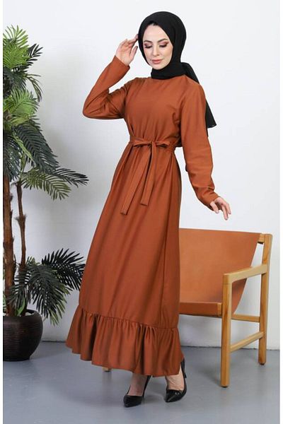sefamerve Tan Colored Belted Dress - 0582-01
