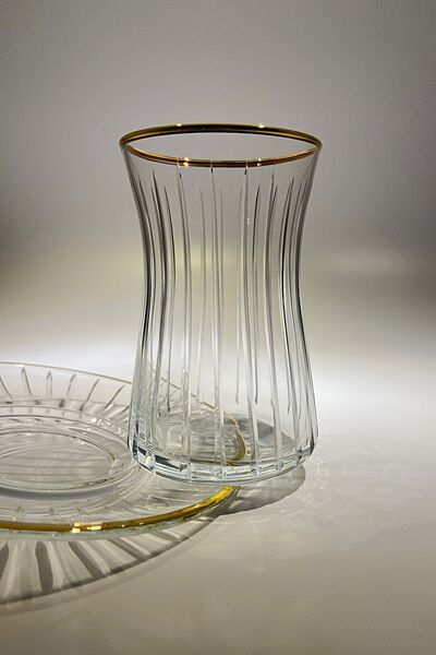 Paşabahçe Heybeli Altın Yaldızlı 6 Kişilik 12 Parça Çay Seti 160cc 42361 Çizgi Model Altın