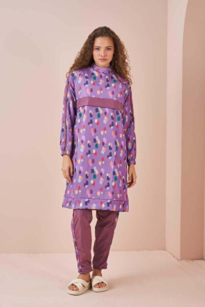 Mevra Puantiye Desen Tesettür Mayo Uzun Lila