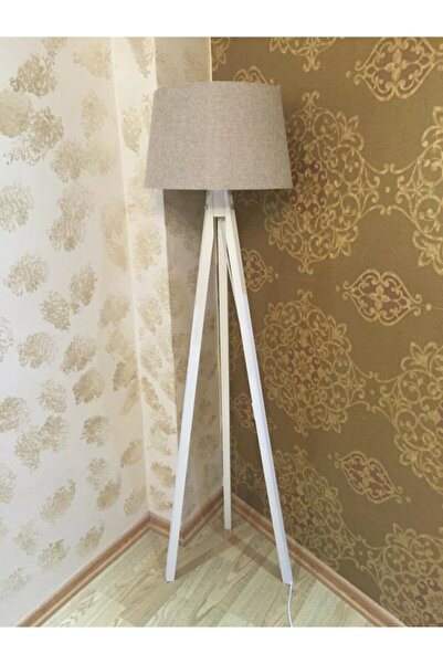 modamvip Bej Lambader Ahşap Lambader 3 Ayaklı Kumaş Konik Başlık Bej Beyaz Ayak L337