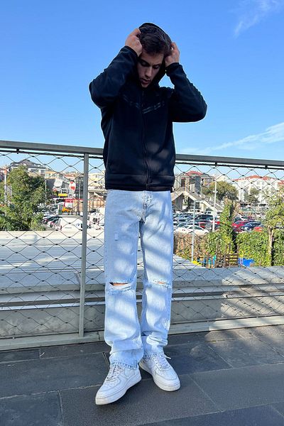 DİFRANSEL Blue Baggy Trousers with Ripped Detail