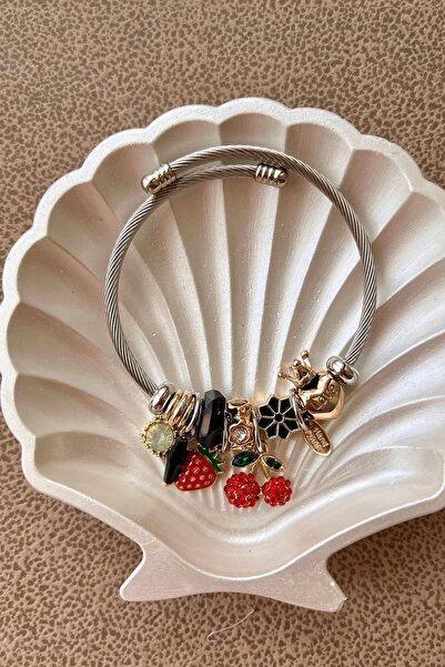 Fubena 8045 Çilek , Kiraz Sallantılı Gümüş Renk Çelik Bileklik