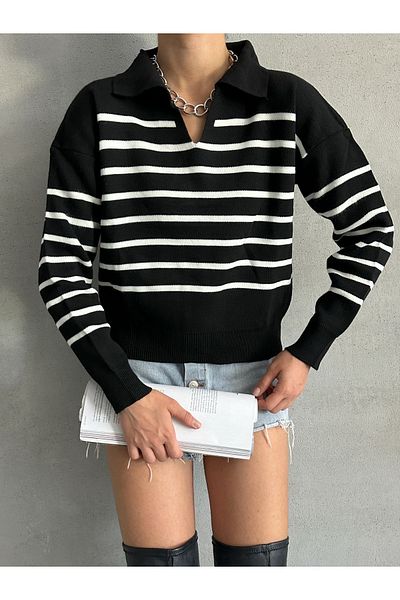 BEJNA Pulover de damă cu dungi negre cu gât polo