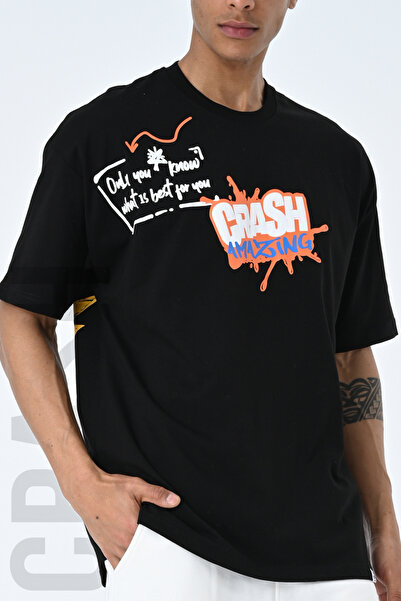 AMAZING CRASH Black Crew Neck Printed Oversize Fit Unisex T-shirt