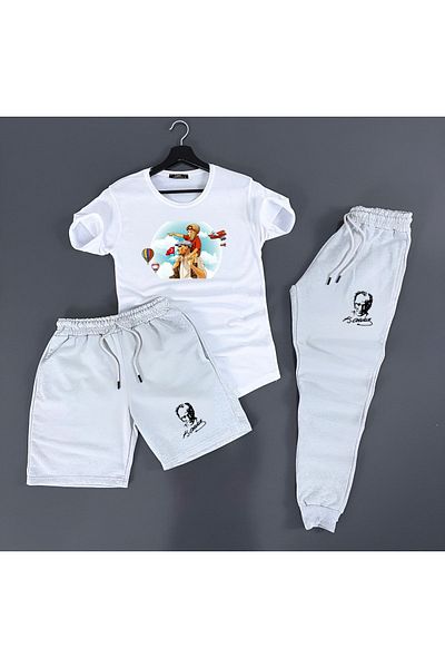 Rex Darius 3-Piece Unisex Combination Ataturk Printed White, Black, Red, Yellow T-shirt, Black, Gray Shorts and Sweatpants