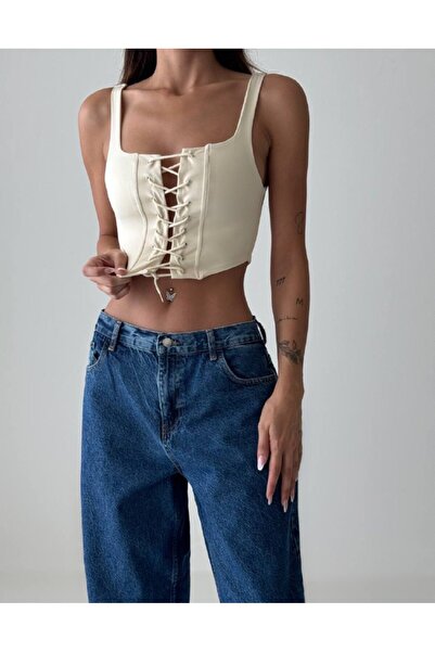 TAYT VEGAS İP DETAYLI ASKILI CROP SARI