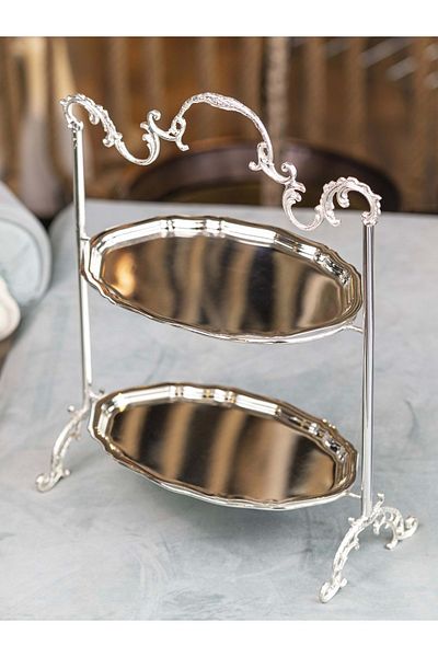 Bakır Concept Silver Plated Two Layer Tray Presentation Holder Oval