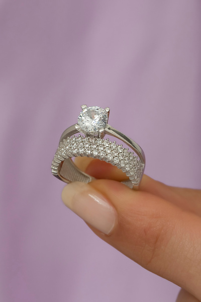 ALYANSEVİM Gümüş 3 Sıra Tamtur Yüzük Ve Tektaş Yüzük Kombini