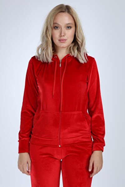 İkmal Kadın Kırmızı Kapüşonlu Taşsız Lastik Paça  Kadife Takım