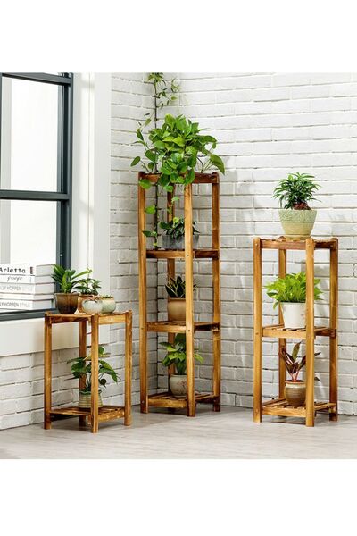 DEMBEY AHŞAP ATÖLYE Ahşap Saksı Standı Raflı Saksılık Çiçeklik Salon Raf Kita...