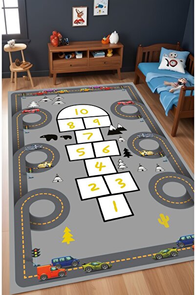 Noble Halı Dijital Baskı Seksekli Doğa Temalı Yollu Gri Renkli Makinada Yıkan...