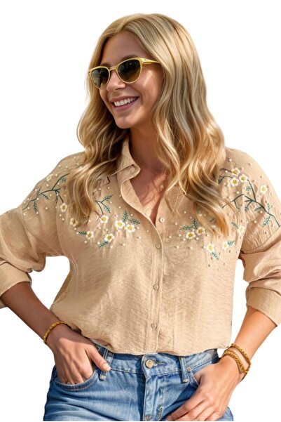 Cassime Kadın Bej Papatya İşlemeli Keten Ayrobin Oversize Gömlek