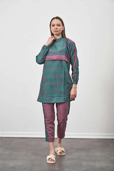 Mevra Yaprak Desen Tesettür Mayo Yeşil Kısa