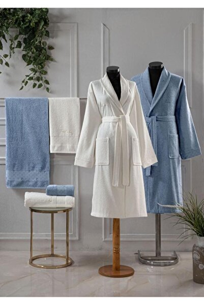 Pierre Cardin Logo Soft Jakarlı Aile Bornoz Seti Ekru - Indigo