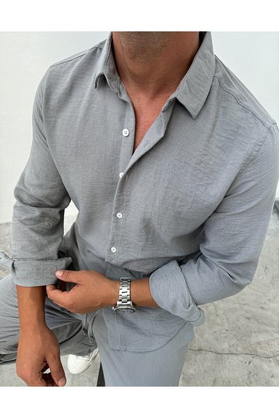 King Brothers Set cămașă pentru bărbați, gri, slim fit, din in - Fit complet