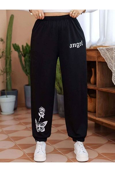 Rex Darius Καλοκαιρινό μαύρο γυναικείο Angel printed Jogger Sweatpants Μαύρο