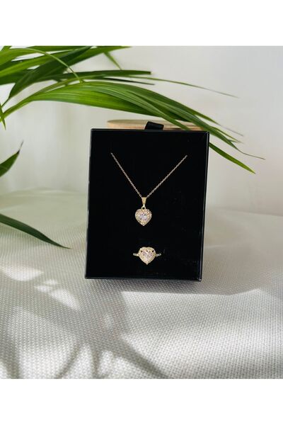 RM Bijuteri Gold Zirkon Taşlı Kalp Model Çelik Set Kolye Yüzük Takım