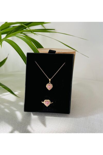 RM Bijuteri Gold Zirkon Taşlı Kalp Model Çelik Set Kolye Yüzük Takı
