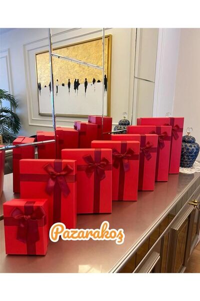 PAZARAKOŞ Hediye Kutusu Damat Gelin Söz Bohça Seti kırmızı Fiyonklu 7 Li Deko...