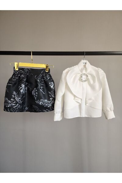 SCSTİL WHITE BUCKLE SHIRT BLACK BROCKAR SKIRT CHILDREN'S SET