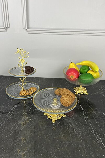 MAY HOME طقم تقديم زجاجي مكون من 3 قطع، طقم أطباق وعاء حلوى وعاء حلوى الفاكهة...