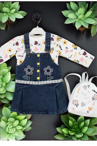 dinamik çocuk Gilet de blugi cu imprimeu cu margarete pentru fetiță de 1-5 ani, costum din 3 piese cu geantă - curea reglabilă cu mânecă lungă