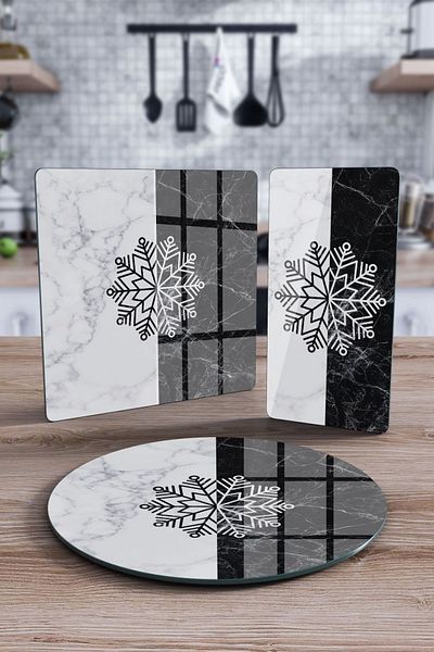 Decovetro Mixed Set of 3 - Glass Presentation Serving, Black and White Marble Snowflake Pattern