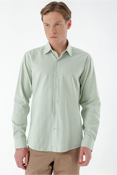 Morven Men's Water Green Cotton Oxford Plus Patterned Slim Fit Shirt