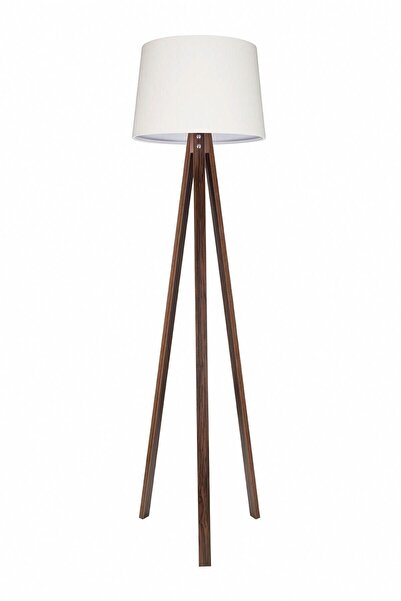 Modamonline 3 Ayaklı Lambader Tripod Abajur Ahşap Köşe Lambası Konik Kumaş Başlık Beyaz Ceviz