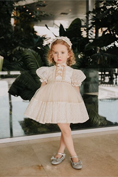 MIALORA EXCLUSİVE By Emel Ebru Özdemir Krem Rengi Özel Tasarım Kız Çocuk Vintage Elbise , Saç Aksesuarlı Kız Çocuk Abiye