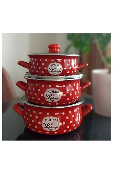 EBRULİEMAYE Red polka dot enamel triple pot set ideal for milk yogurt soup increased meal