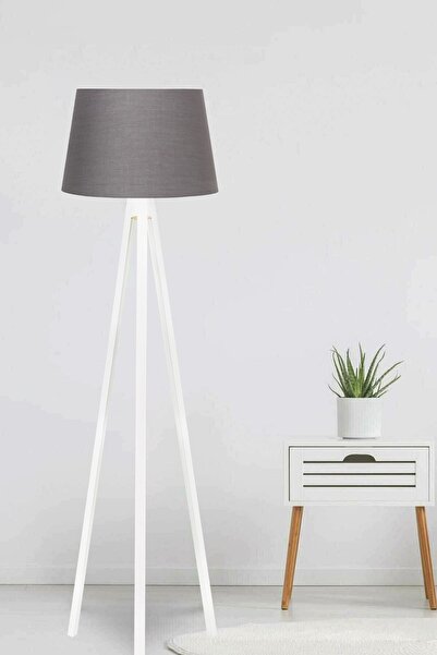 modamvip 3 Ayaklı Lambader Tripod Ayak Üç Ayaklı Ahşap Abajur Konik Kumaş Füme Başlık Beyaz Ayak