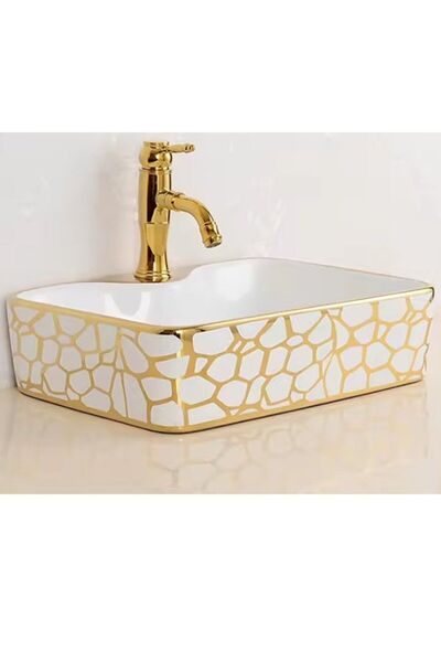 YUEN Banyo Lavabosu Tezgah Üstü Çanak Banyo Lavabosu Doğal Taş Altın Yaldız Desenli 48x37x14 Ölçülerinde