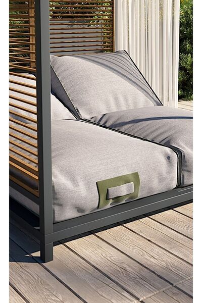 MAGIC FACE Metal Gövde Kare Havuz Başı Divan Perdeli Çift Kişilik Şezlong Ahşap Detaylı Daybed