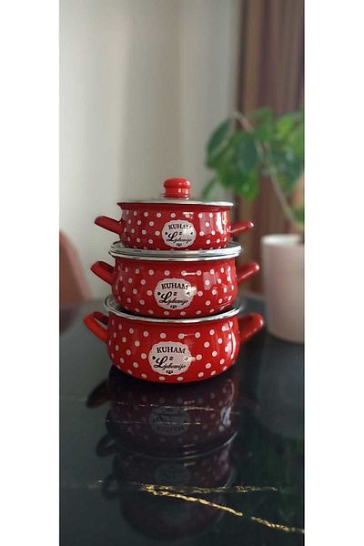 EBRULİEMAYE Red polka dot enamel triple pot set ideal for milk yogurt soup increased meal