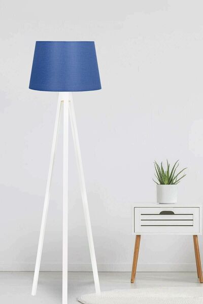 modamvip 3 Ayaklı Lambader Tripod Ayak Üç Ayaklı Ahşap Abajur Konik Kumaş Lacivert Başlık Beyaz Ayak