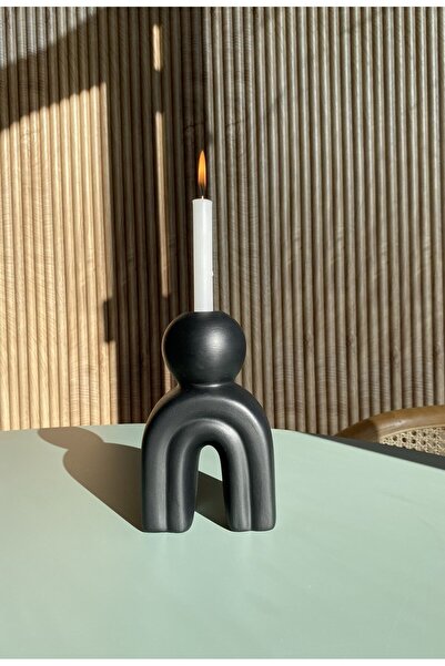 AstreHome Seramik El Yapımı Mumluk | Tasarım | Siyah Renk | Boy:16cm En:10cm |