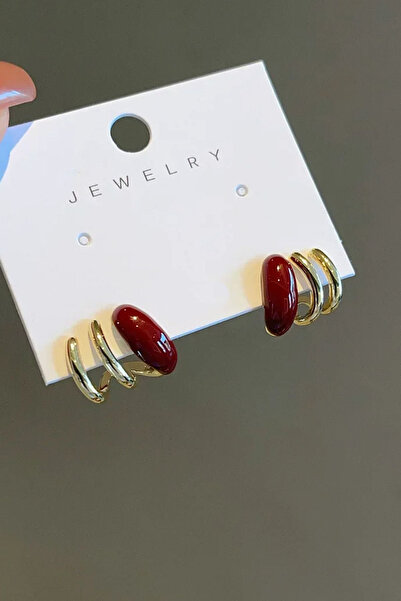 Glaren Bordo Mineli Üç Sıralı Altın Renk Kadın Küpe