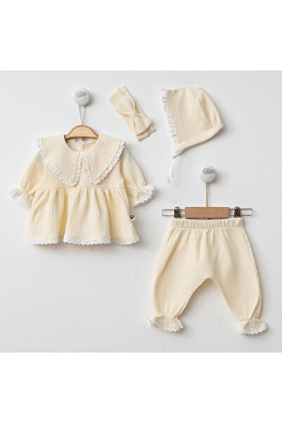 Minimus طقم أطفال حديثي الولادة ذو ياقة مثلثة ومزين بالدانتيل من القطن مع قبع...