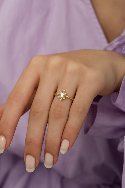 ALYANSEVİM Altın Kaplama Kare Zirkon Taşlı Tektaş Gümüş Yüzük