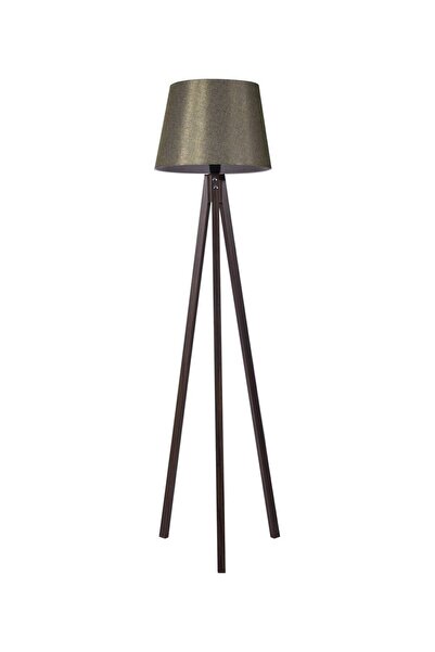 Modamonline Tripod Lamba Ahşap Abajur 3 Ayaklı Lambader Konik Koyu Yeşil Ceviz