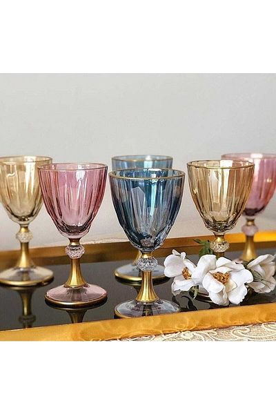 Decores Home Center Paşabahçe Diamond 3 Colored Set of 6 Coffee and Water Glasses