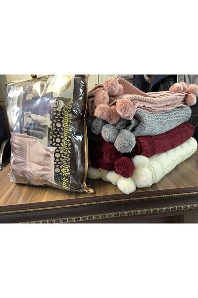 baladı home ev tekstil home collection Triko Tv-diz Battaniyesi Ponponlu 130 X 170 Cm Şal Ve Koltuk Için Kullanabilirsin